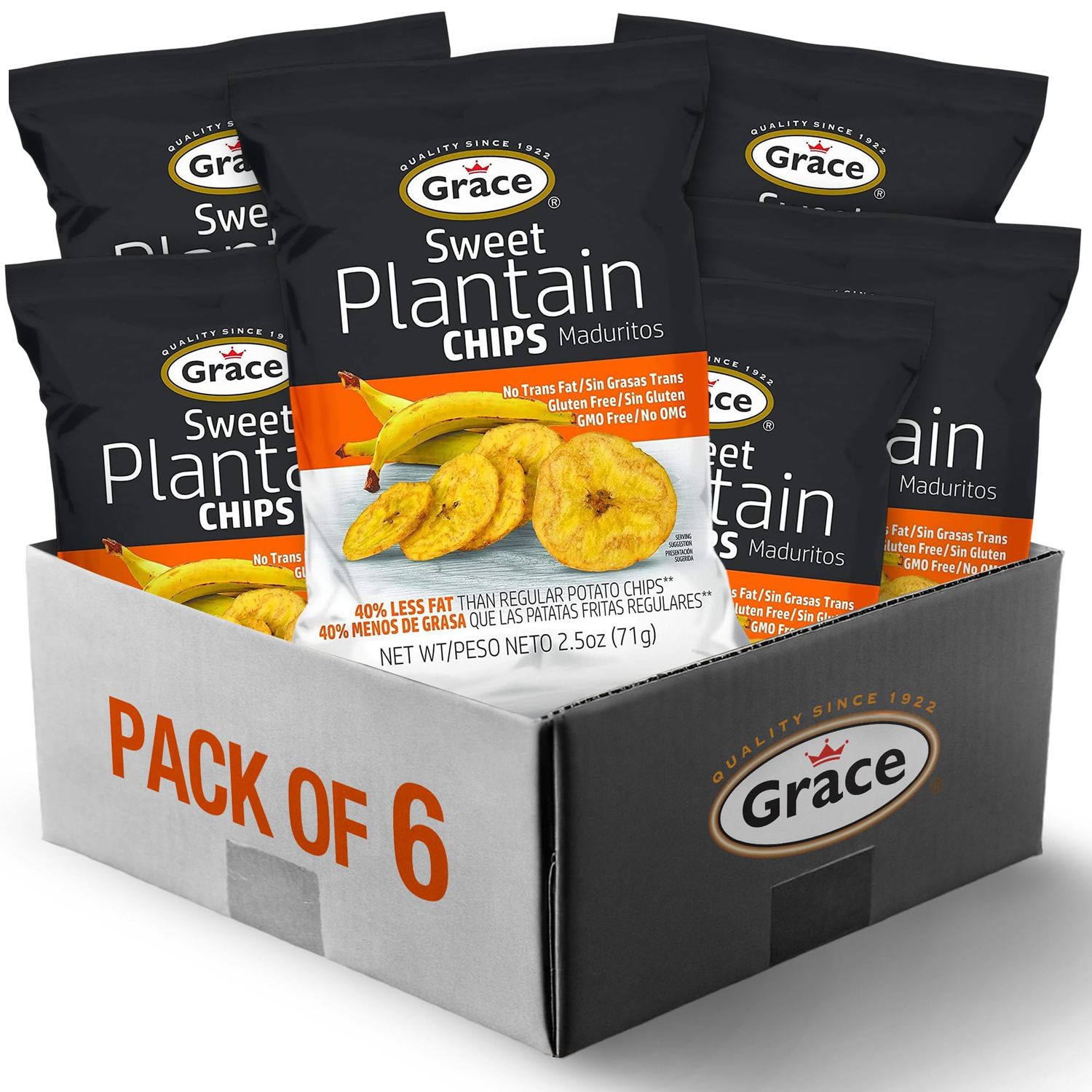Grace Sweet Plantain Chips 2.5oz - 6 Pack Chips Individual Bags - Jamaican Snacks - Caribbean Gluten Free Banana Chips - Non-GMO &amp; No Trans Fat Healthy Chips - Low Sodium Chips