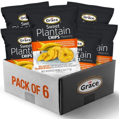 Grace Sweet Plantain Chips 2.5oz - 6 Pack Chips Individual Bags - Jamaican Snacks - Caribbean Gluten Free Banana Chips - Non-GMO &amp; No Trans Fat Healthy Chips - Low Sodium Chips