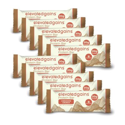 Elevated Gains Cinnamon Crunch Protein Bars, 10 Pack - 20g of Protein &amp; 8 Natural Ingredients, Sweetened with Honey, No Artificial Sweeteners, Healthy Snack for On the Go