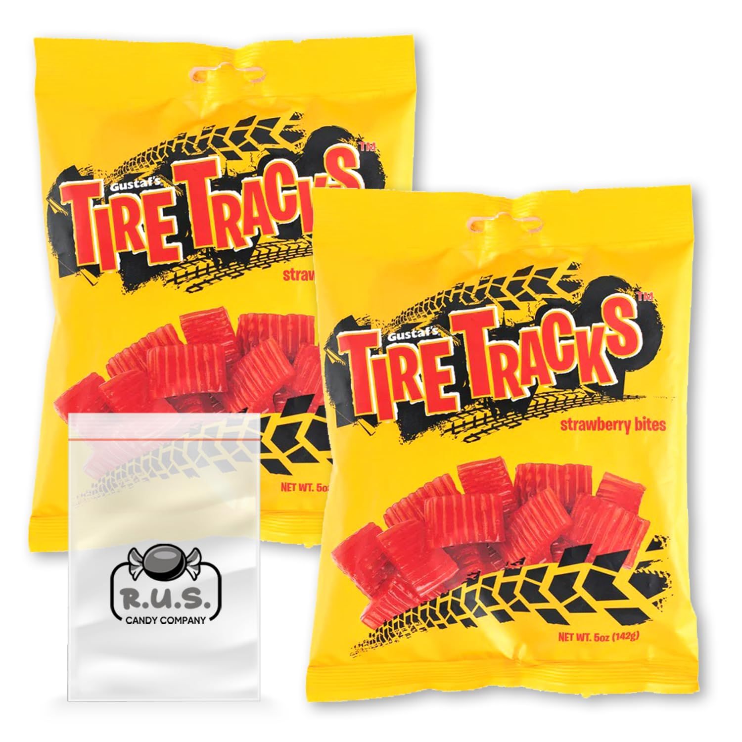 Tire Tracks Strawberry Bites, 2 Pack - 5 oz Each | Delicious Strawberry Flavored Candy | Imported Chewy Treats - comes with RUS Candy Company travel size bags (Tire Tracks)