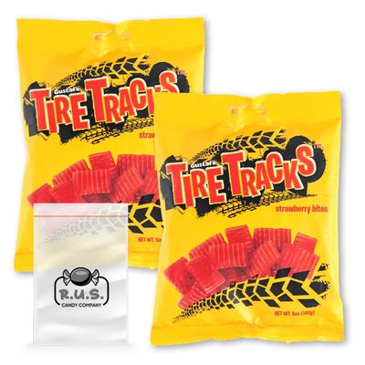 Tire Tracks Strawberry Bites, 2 Pack - 5 oz Each | Delicious Strawberry Flavored Candy | Imported Chewy Treats - comes with RUS Candy Company travel size bags (Tire Tracks)