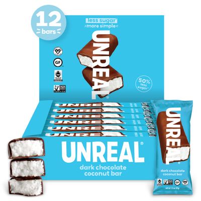 Unreal Dark Chocolate Coconut Bars | Certified Vegan, Gluten Free, Fair Trade, Non-GMO | No Sugar Alcohols or Soy (Dark Chocolate Coconut, Full Size (Pack of 12))