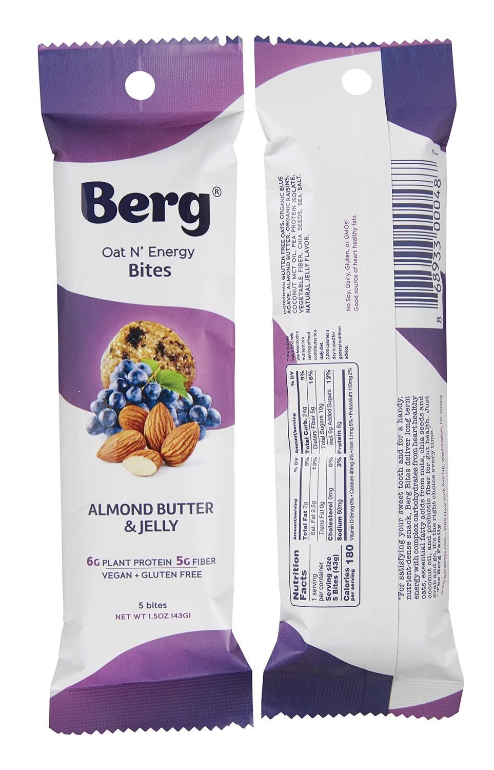 Berg Oat N&#39; Energy Bites - Non-GMO, Gluten Free, Dairy Free, Soy Free and Vegan - Clean Energy Snack - 1.5oz, Pack of 8 (Almond Butter &amp; Jelly)