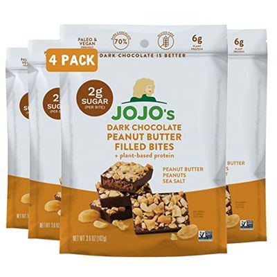 JOJO&#39;s Dark Chocolate Peanut Butter Filled, Healthy Snack, Low Sugar, Low Carb, Gluten Free, Non GMO, Paleo &amp; Keto Friendly, Made with Plant Based Hemp Protein, Vegan (4 Count)