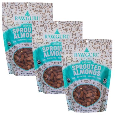 RawGuru Unsalted Almonds, Sprouted &amp; Organic, Raw | Keto | Vegan | Kosher | Paleo | Gluten Free Snacks | Superfood, 16 oz. Pack of 3