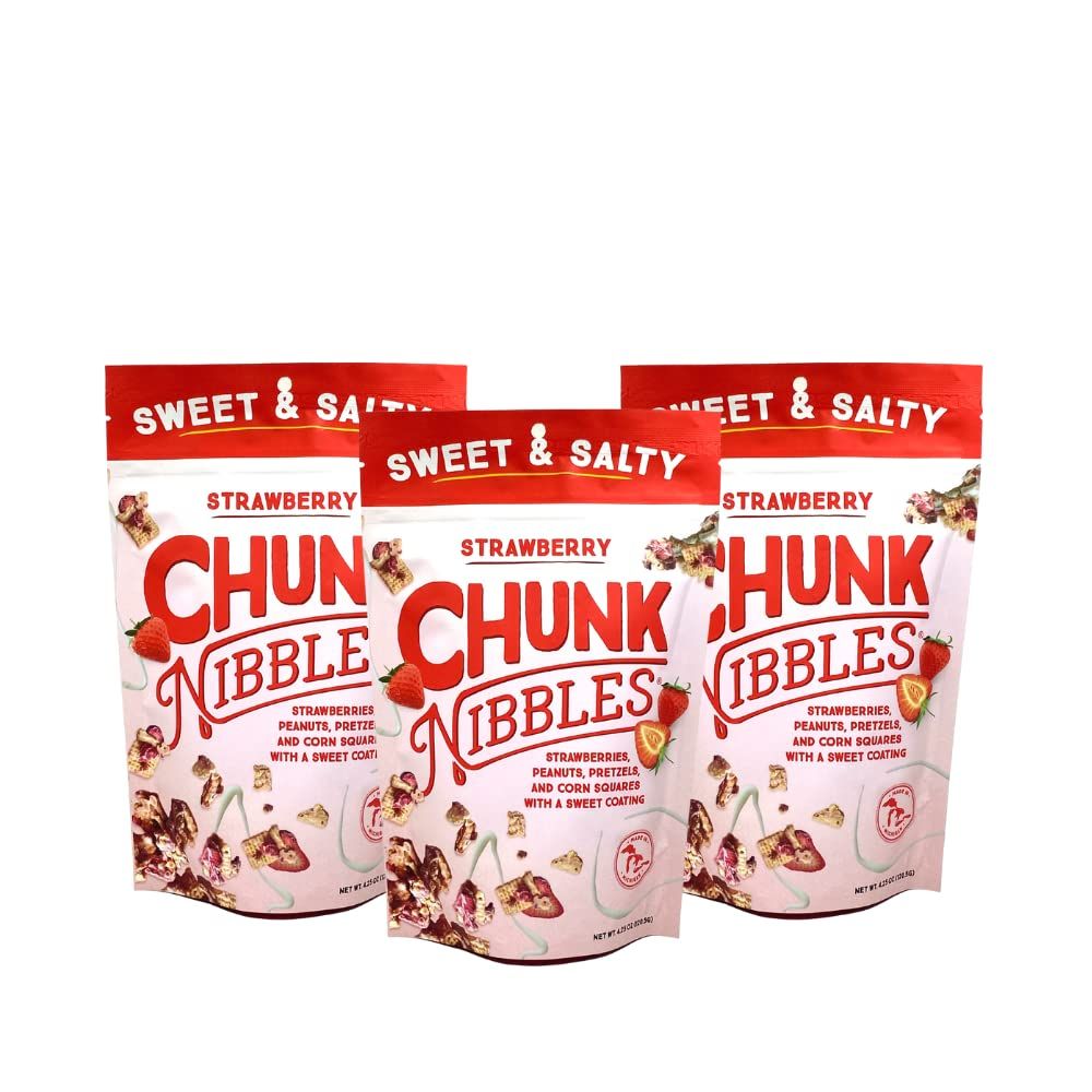 Chunk Nibbles Sweet and Salty Snacks | Strawberry Flavor Snack Mix Individual Packs | Sweet Treats for Kids and Adults | 4.25oz | 3 Resealable Packs