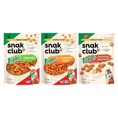 Snak Club Tajin Nut Variety Pack, Toasted Corn, Peanuts, Crunchy Peanuts with Chili and Lime Seasoning, Mild, No Artificial Colors or Flavors, Family Size Resealable Bags, 3 Pack