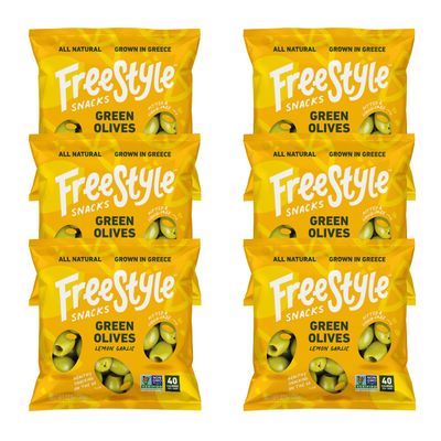 Freestyle Snacks Olive Snack Packs - Single Serve - Fresh Pitted Green Olives, Jumbo-Sized, Grown in Greece, All Natural, Non-GMO, Paleo, Sugar-Free, Keto, Salty Snack - Lemon Garlic, 1.1oz (6 Pack)