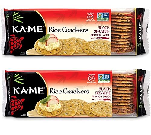 KA-ME Black Sesame and Soy Sauce Rice Crackers 3.5 oz, Authentic Asian Ingredients, Certified Gluten-Free, No Artificial FlavorsColors, Non GMO - (2 Pack)