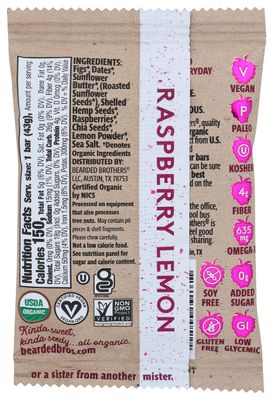 Bearded Brothers, Bar Radical Raspberry Lemon Organic, 1.52 Ounce