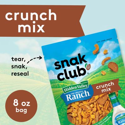 Snak Club Crunch Mix with Hidden Valley Ranch Seasoning, Toasted Corn Nuggets, Chili Cheese Corn Jacks, Sesame Sticks & Rye Chips, Family Size, 8 Ounce