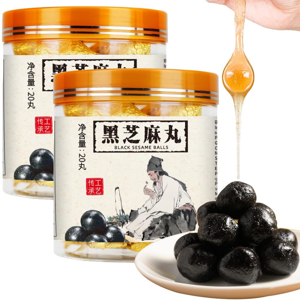 Wanhua Hall Black Sesame Ball Handmade Black Sesame 12.7 oz (40 pills) Pure Honey Sesame Balls Black Sesame Black Rice Black Beans Natural Grain Snacks Instant Black Sesame 黑芝麻丸 手工黑芝麻丸