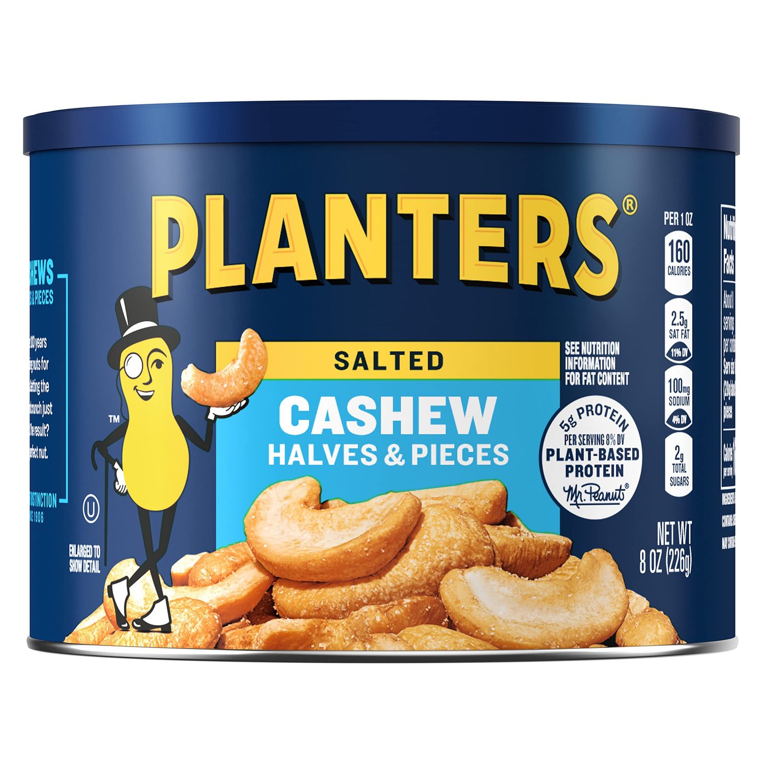 PLANTERS Salted Cashew Halves &amp; Pieces, Party Snacks, Plant-Based Protein 8oz (1 Canister)