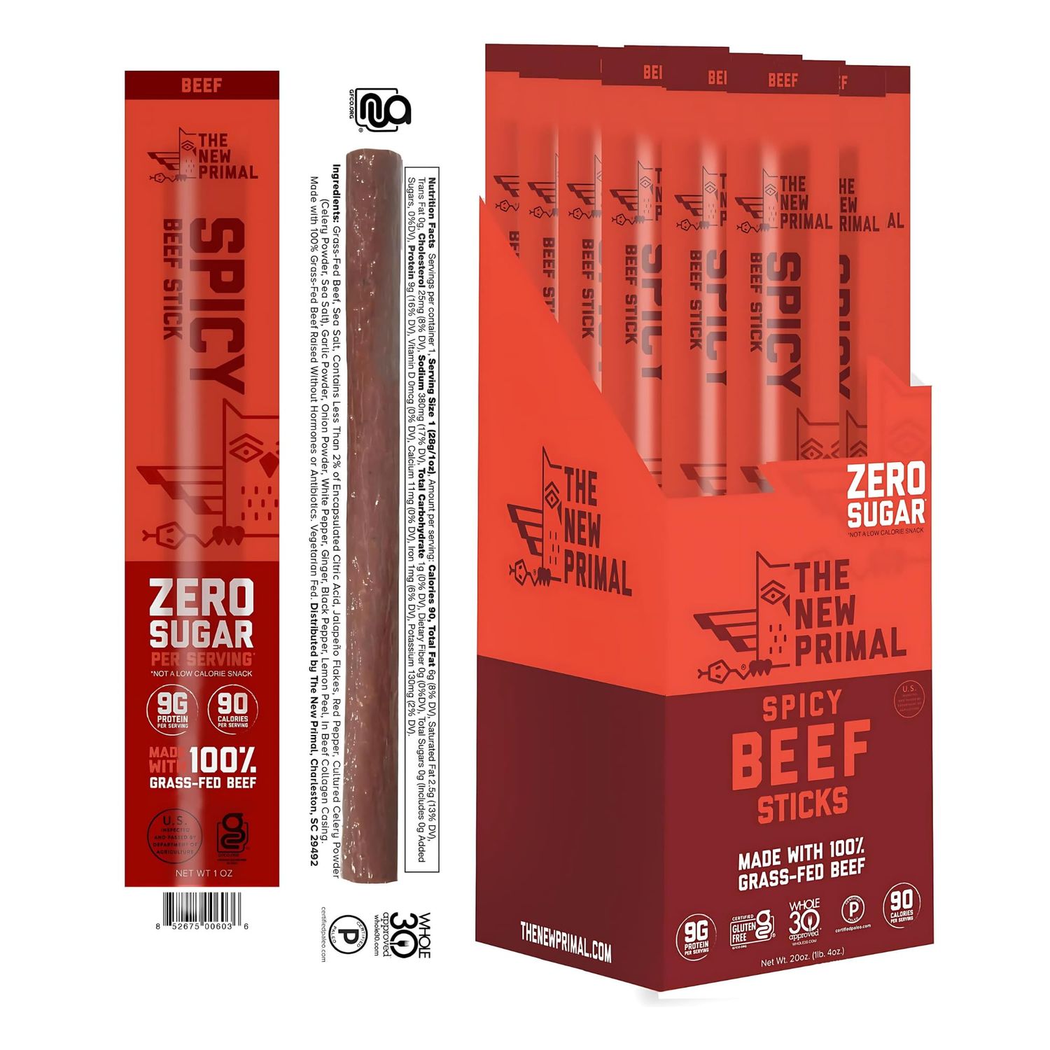The New Primal Grass-Fed Spicy Beef Sticks, Keto, Gluten Free Healthy Snacks for Adults, Sugar Free Low Carb High Protein Snack, Paleo Whole30 Jerky Stick, 9g Protein, 20 Ct