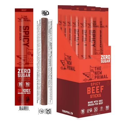 The New Primal Grass-Fed Spicy Beef Sticks, Keto, Gluten Free Healthy Snacks for Adults, Sugar Free Low Carb High Protein Snack, Paleo Whole30 Jerky Stick, 9g Protein, 20 Ct