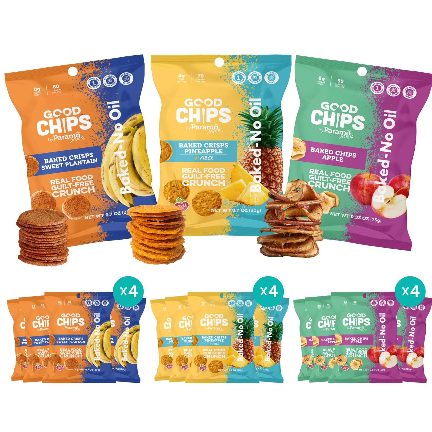 Good Chips Crunchy Fruit Crisps - Real Apple, Pineapple, Sweet Plantain - Vegan, BakedDried, No Oil - Healthy, Guilt-Free Snack - Pack of 12