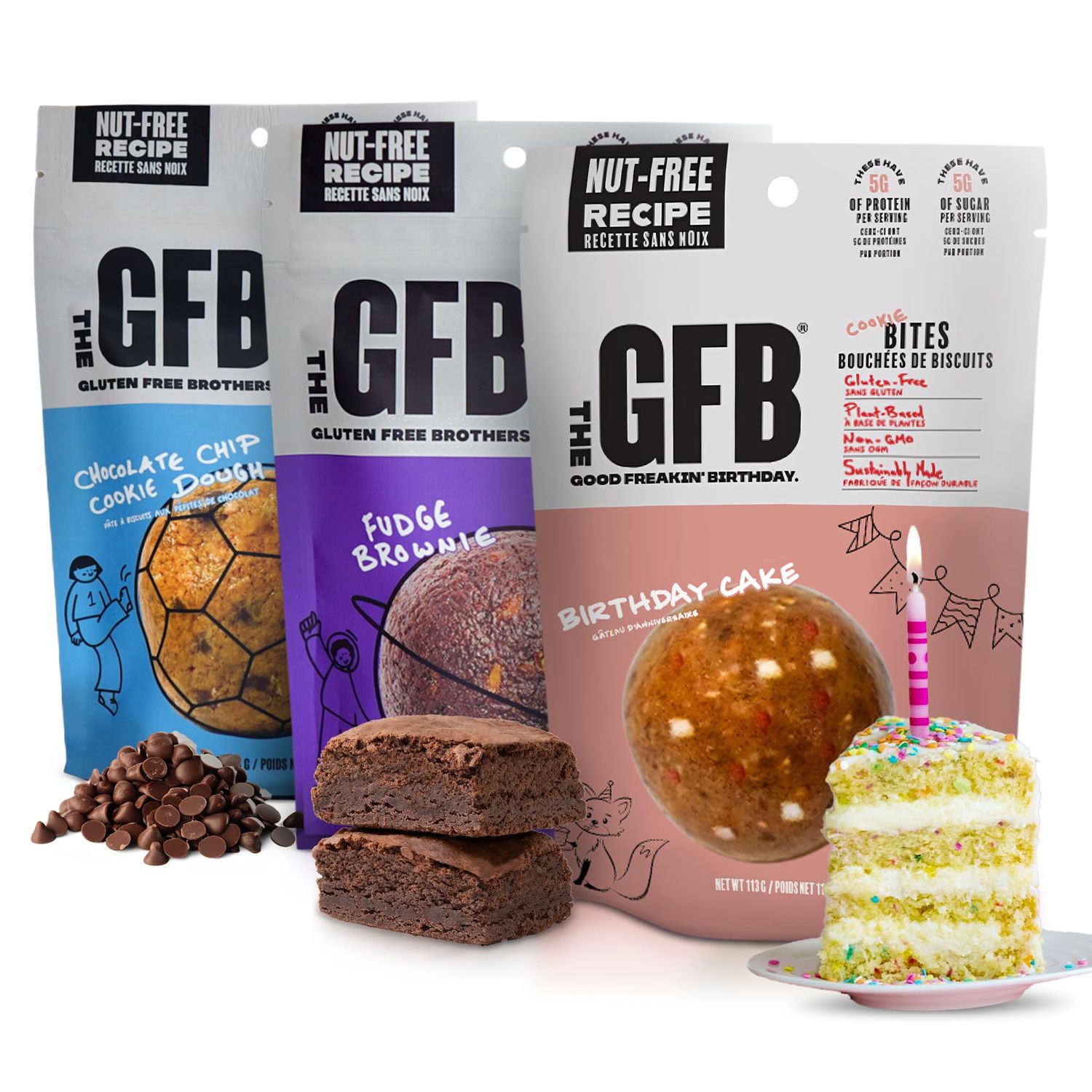 The Gluten Free Brothers Gluten Free Protein Cookie Bites Nut Free Variety Pack - Super Tasty Allergian Friendly Fudge Brownie, Cookie Dough &amp; Birthday Cake Vegan Protein Bites, 4 Oz (6 Count)