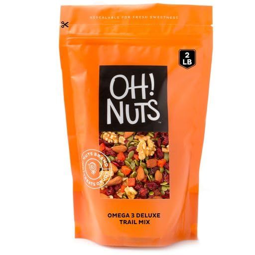 Oh Nuts Omega 3 Trail Mix: 2-LB No Sodium Nut &amp; Fruit Snacks - Heart-Healthy Antioxidant Power Snack. High-Energy Keto, Kosher, Dairy-Free