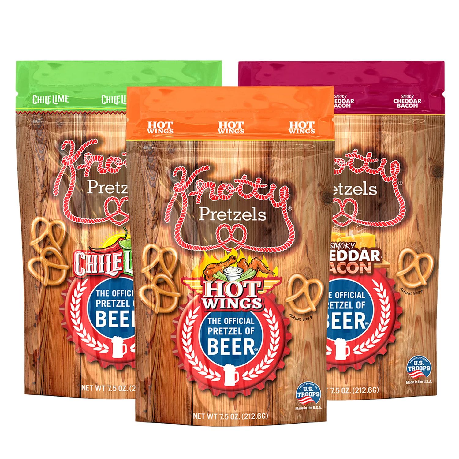 Knotty Pretzels - The Official Pretzel of Beer 7.5 Ounce Pretzel in Resealable Snacks Bags, Flavored Pretzels, Hot Wings, Smokey Cheddar Bacon, Chile Lime - Bold Variety (3 Pack)