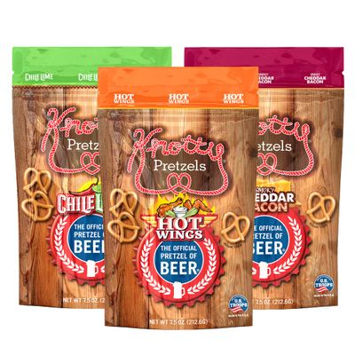 Knotty Pretzels - The Official Pretzel of Beer 7.5 Ounce Pretzel in Resealable Snacks Bags, Flavored Pretzels, Hot Wings, Smokey Cheddar Bacon, Chile Lime - Bold Variety (3 Pack)