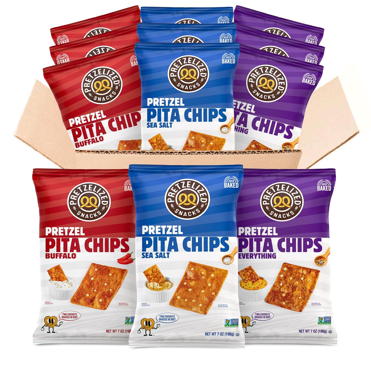 Pretzelized Pretzel Pita 12 Pack Variety - Sea Salt, Everything, Buffalo Pretzelized Snacks Pita Chips MultiPack