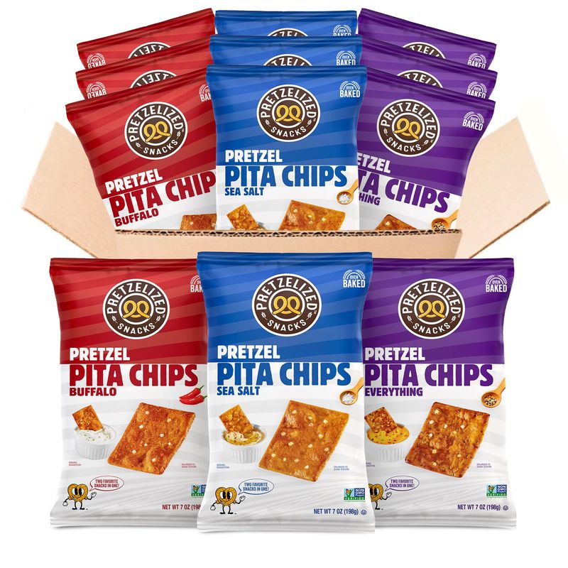 Pretzelized Pretzel Pita 12 Pack Variety - Sea Salt, Everything, Buffalo Pretzelized Snacks Pita Chips MultiPack