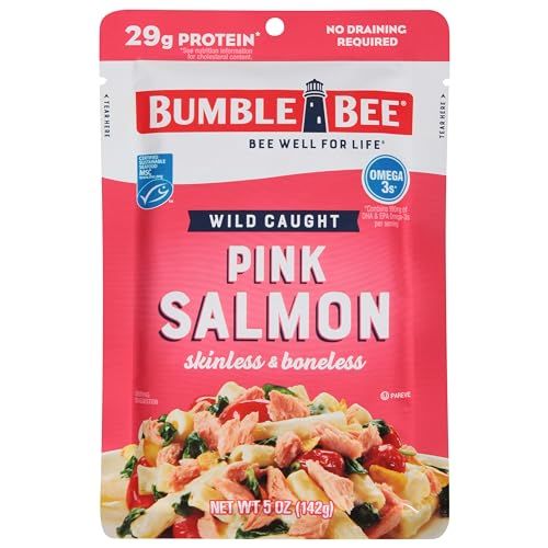 Bumble Bee Skinless &amp; Boneless Pink Salmon, 5 oz Pouch - Premium Wild Caught Salmon for Snacks, Sandwiches &amp; Recipes - 29g Protein per Serving - Gluten Free, Kosher, MSC Certified