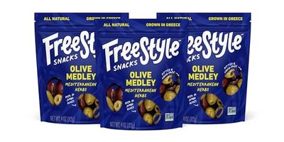 Freestyle Snacks Olive Medley Snack Packs - Fresh Pitted Green &amp; Kalamata Olives, Jumbo-Sized, Grown in Greece, All Natural, Non-GMO, Paleo, Sugar-Free, &amp; Keto - Mediterranean Herb, 4oz (3 Pack)