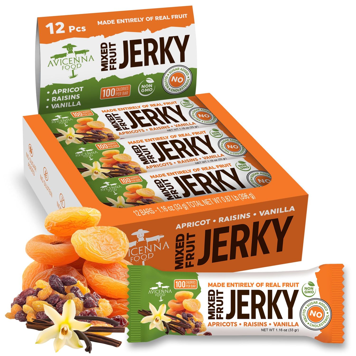 AVICENNA FOOD Dried Fruit Jerky Bars, Raisin Apricot and Vanilla, 12-Pack - No Sugar Added, Gluten Free Candy Bar, natural Snack with High Fiber, Healthy Treats, Mixed Fruits, Vegan Candy Bars