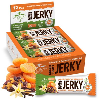 AVICENNA FOOD Dried Fruit Jerky Bars, Raisin Apricot and Vanilla, 12-Pack - No Sugar Added, Gluten Free Candy Bar, natural Snack with High Fiber, Healthy Treats, Mixed Fruits, Vegan Candy Bars