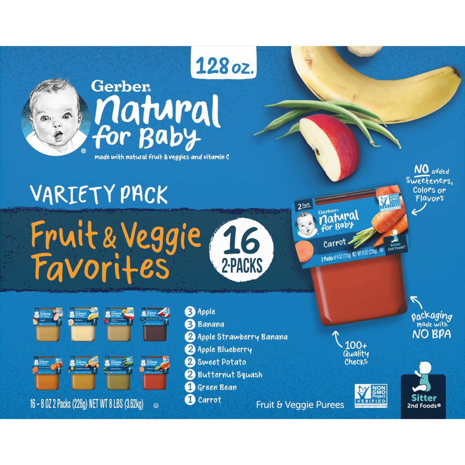 Gerber Purees 2nd Foods Veggie &amp; Fruit Variety Pack, 8 Ounces, Box of 16 (Packaging May Vary)