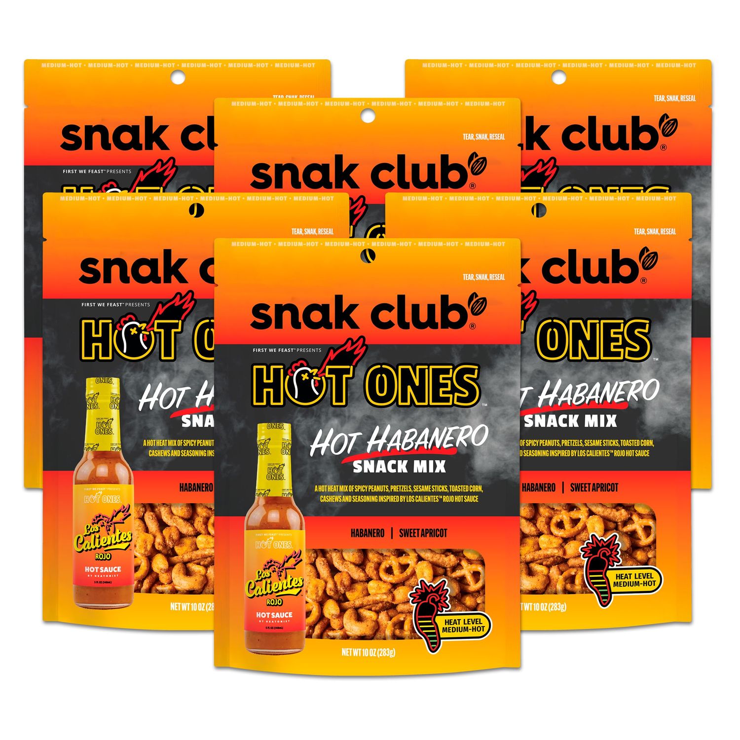 Snak Club x Hot Ones Hot Habanero Snack Mix, Spicy Snacks with Peanuts, Pretzels, Sesame Sticks, Toasted Corn &amp; Cashews, Inspired by Hot Ones Hot Sauce, 10 oz Resealable Bag (6 Count)