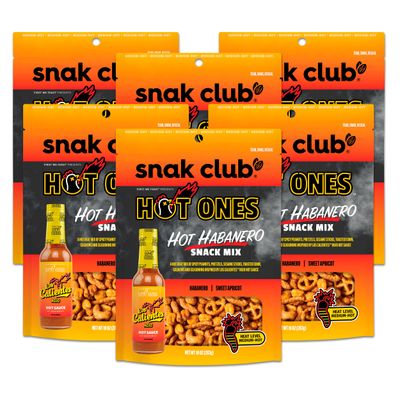 Snak Club x Hot Ones Hot Habanero Snack Mix, Spicy Snacks with Peanuts, Pretzels, Sesame Sticks, Toasted Corn &amp; Cashews, Inspired by Hot Ones Hot Sauce, 10 oz Resealable Bag (6 Count)