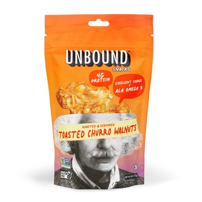 Unbound Snacks Flavored Nuts - Toasted Churro Walnuts, 4 oz (Pack of 4) - Healthy Snacks, 4g Protein, 3g Sugar, High in Omega 3, Gluten Free, Vegan - Freshly Roasted &amp; Seasoned Gourmet Walnut Halves