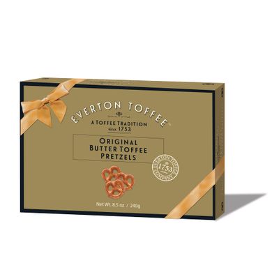 Everton Toffee Butter Toffee Pretzels, Original Toffee Flavor (8.5oz Gift Box 1-pack). Gourmet artisan toffee covered pretzels, small batch crafted sweet and salty mini pretzel snacks.