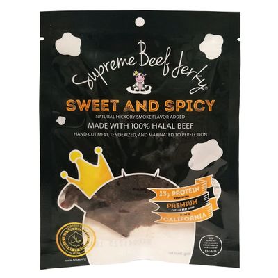 Supreme Beef Jerky, Halal Beef Jerky, Handcrafted Gourmet Meat Snacks, 2.5 oz (Sweet &amp; Spicy) Brown