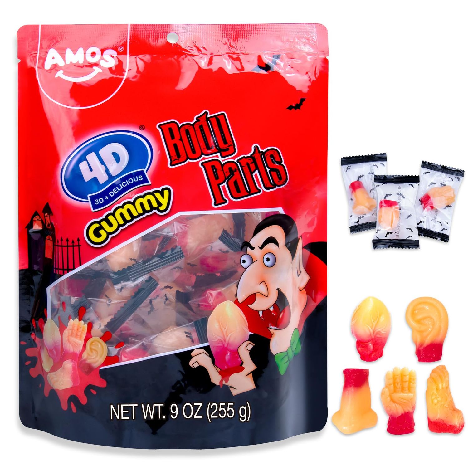 Amos 4D Gummy Body Parts Halloween Candy, Spooky Candy Snacks, Approx. 32 Individually Wrapped Pieces, 9 oz Bag - Perfect for Trick-or-Treat &amp; Party Favors