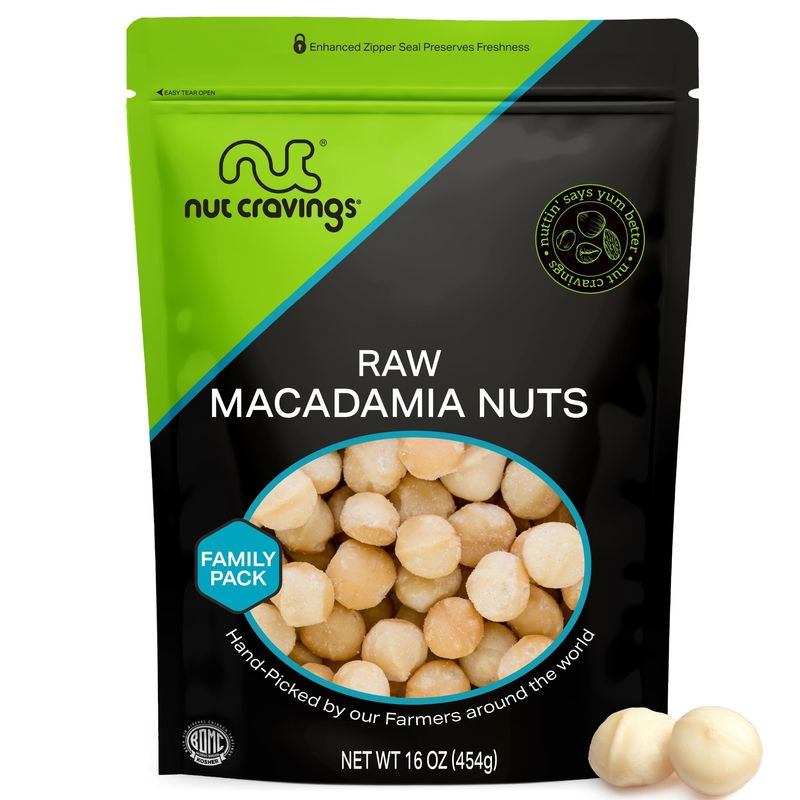 NUT CRAVINGS - Raw Macadamia Nuts, Unsalted, Shelled, Whole, (16oz - 1 LB) Bulk Nuts Packed Fresh in Resealable Bag - Kosher Healthy Snack, Natural Keto Vegan -