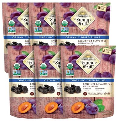 Sunny Fruit Soft Organic Prunes - 6 Bags (30 Individual Portion Packs) | Healthy, Convenient Dried Plums Snack Packs | ORGANIC, NON-GMO, VEGAN, HALAL, KOSHER, NO PRESERVATIVES, NO SUGAR ADDED