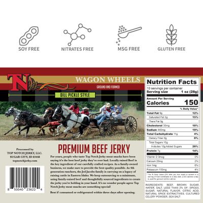 Top Notch Wagon Wheels Jerky - 10 oz Bag of Beef Jerky - High Protein Snacks for Kids and Adults Made From Locally Raised Beef - Flavorful Rounds of Premium Beef Jerky (Dill Pickle)