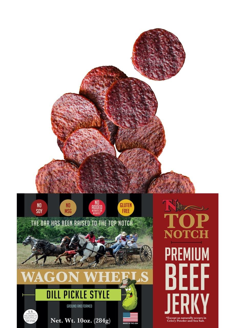 Top Notch Wagon Wheels Jerky - 10 oz Bag of Beef Jerky - High Protein Snacks for Kids and Adults Made From Locally Raised Beef - Flavorful Rounds of Premium Beef Jerky (Dill Pickle)