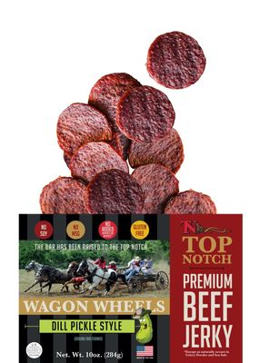 Top Notch Wagon Wheels Jerky - 10 oz Bag of Beef Jerky - High Protein Snacks for Kids and Adults Made From Locally Raised Beef - Flavorful Rounds of Premium Beef Jerky (Dill Pickle)
