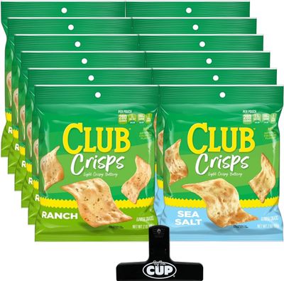 Kellogg&#39;s Club Crisps Variety, 6 of each: Ranch &amp; Sea Salt, 2 oz (Pack of 12) with By The Cup Bag Clip