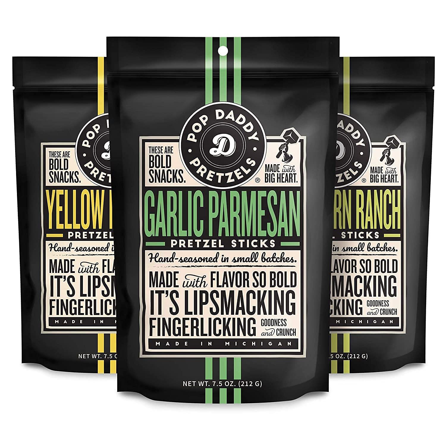 Pop Daddy Flavored Pretzels Sticks | Healthy Gourmet Pretzels Snacks | 7.5oz Variety Pack Pretzels | 3 Pack | Garlic Parmesan, Peppercorn Ranch and Yellow Mustard