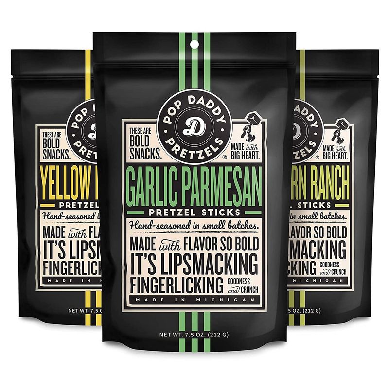 Pop Daddy Flavored Pretzels Sticks | Healthy Gourmet Pretzels Snacks | 7.5oz Variety Pack Pretzels | 3 Pack | Garlic Parmesan, Peppercorn Ranch and Yellow Mustard