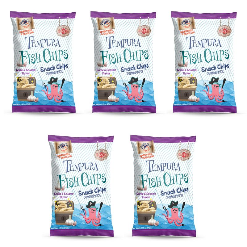 Swashbuckle Snacks Crispy Tempura Fish Chips Garlic and Sesame Flavor 0.95oz (27g) - 5 pack, Made in Japan, Otsumami