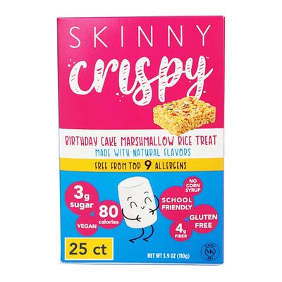 Skinny Crispy Marshmallow Rice Treats, 25 pack, Lower Sugar, Allergen-Free, Kosher, Vegan, Gluten-Free, Kids Breakfast Cereal Snack Bars (Birthday Cake)