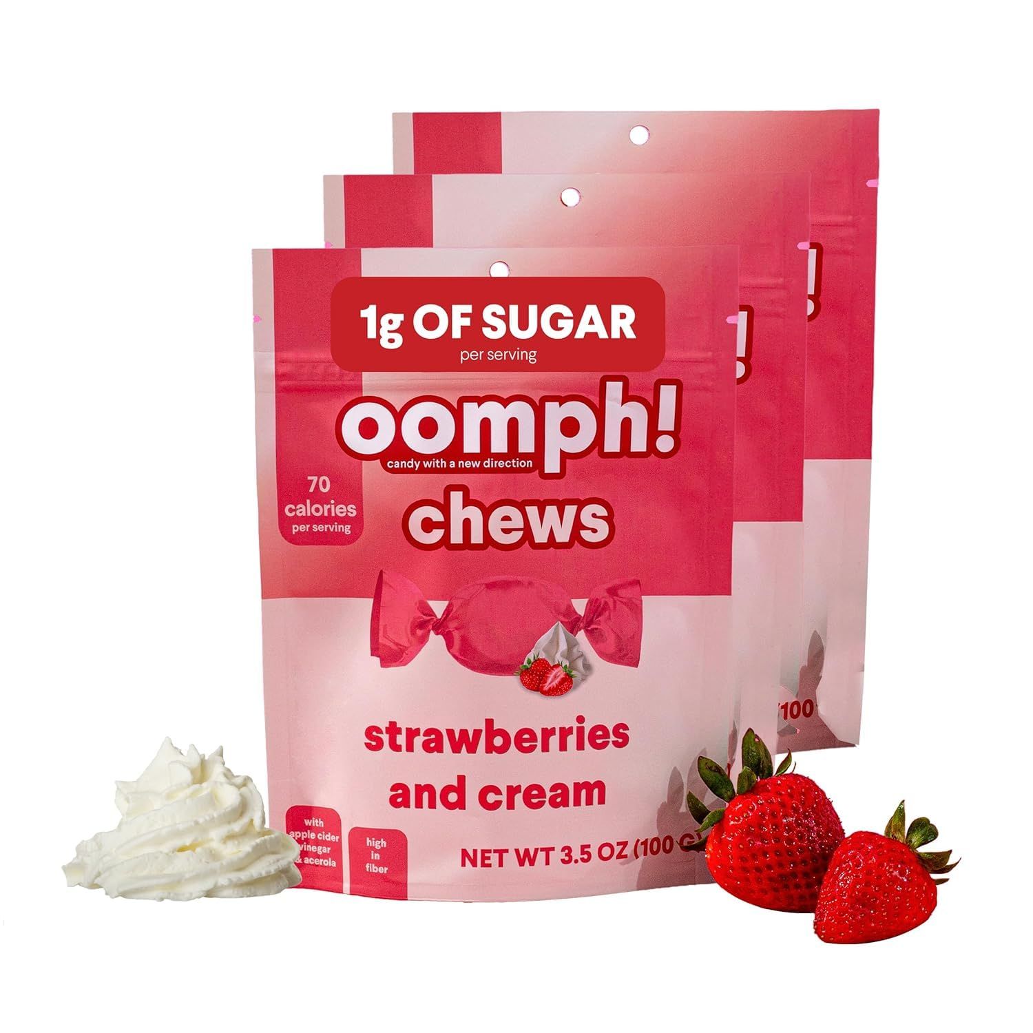 Oomph Sweets Strawberry Low Sugar Taffy, High Fiber Vegan Candy, Low Carb, Low Calorie Snack, Keto-Friendly, Gluten Free Dessert (3-Pack)