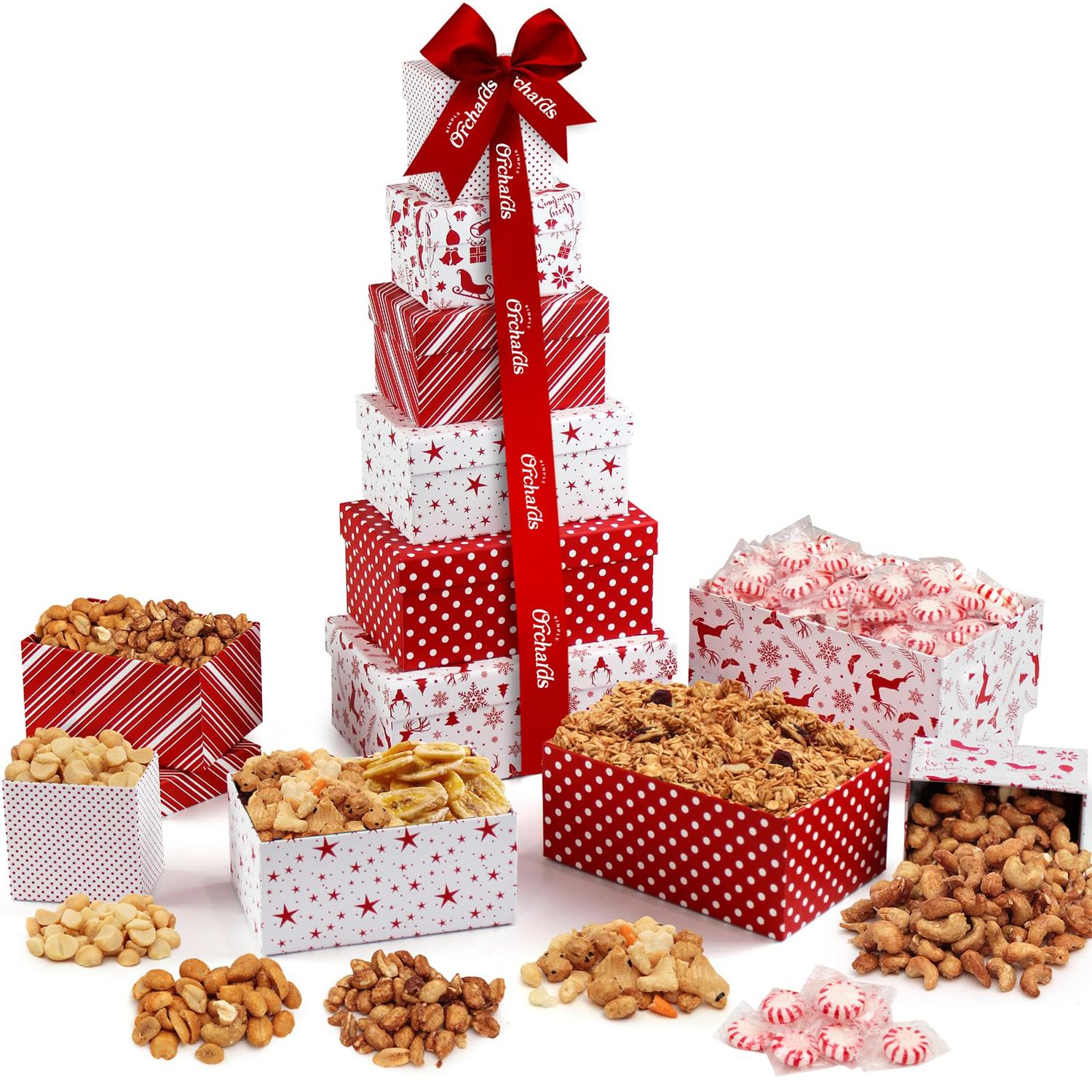 Christmas Gift Basket with Fresh Nuts &amp; Snacks, Gourmet Cravings Indulgence - 6 Tier Food Basket Gift Set, Great Christmas Gift Present for Men &amp; Women.