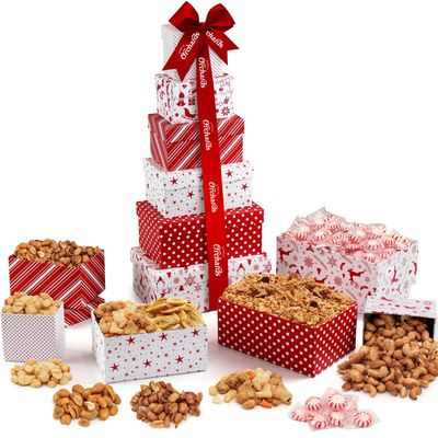 Christmas Gift Basket with Fresh Nuts &amp; Snacks, Gourmet Cravings Indulgence - 6 Tier Food Basket Gift Set, Great Christmas Gift Present for Men &amp; Women.